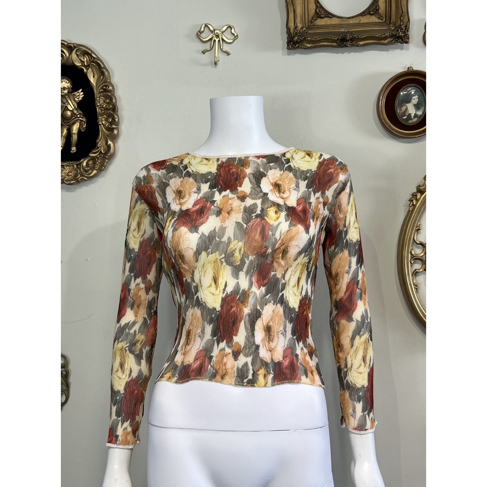 Vintage Cheryl Creations Floral Print Pleated Sheer Mesh Long Sleeve Top Size S